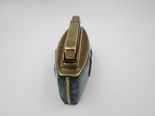 Karl Wieden desk petrol lighter. Bronze and malachite. Horses motif. Germany. 1930's