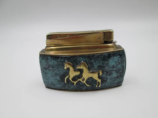 Karl Wieden desk petrol lighter. Bronze and malachite. Horses motif. Germany. 1930's