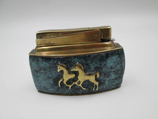 Karl Wieden desk petrol lighter. Bronze and malachite. Horses motif. Germany. 1930's