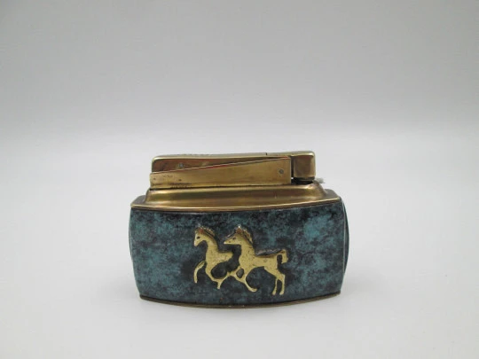 Karl Wieden desk petrol lighter. Bronze and malachite. Horses motif. Germany. 1930's