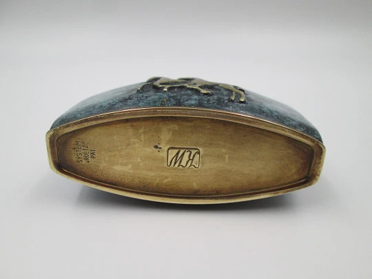 Karl Wieden desk petrol lighter. Bronze and malachite. Horses motif. Germany. 1930's