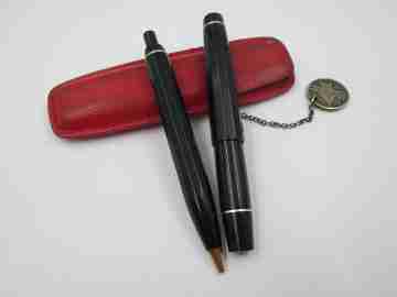 Kaweco Sport set. Fountain pen & ballpoint pen. Black resin. Leather pouch. Germany