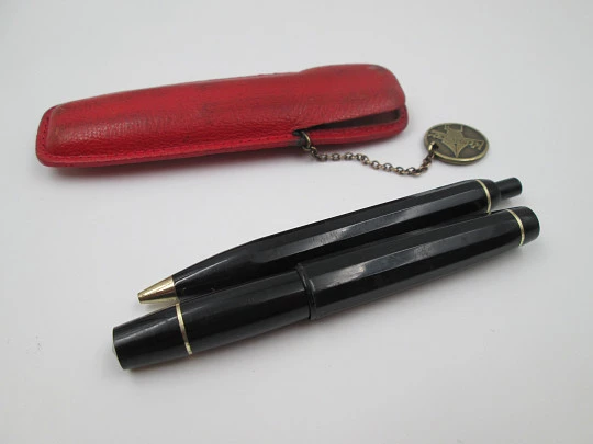 Kaweco Sport set. Fountain pen & ballpoint pen. Black resin. Leather pouch. Germany