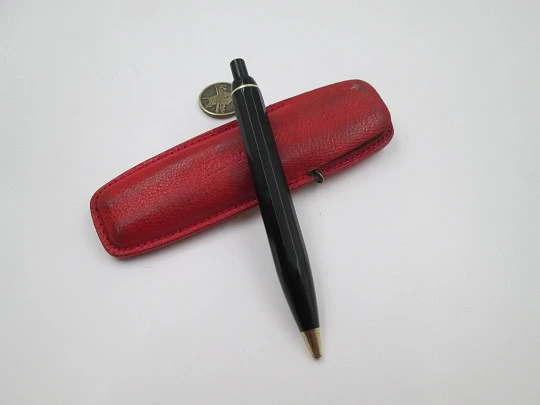 Kaweco Sport set. Fountain pen & ballpoint pen. Black resin. Leather pouch. Germany