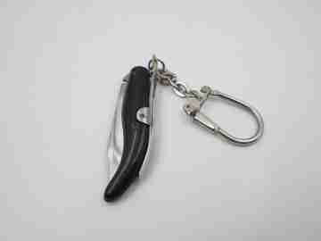 Keychain miniature pocket knife. Steel and black resin. Curve handle. 1980's. Spain