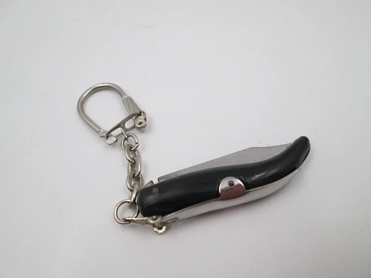 Keychain miniature pocket knife. Steel and black resin. Curve handle. 1980's. Spain