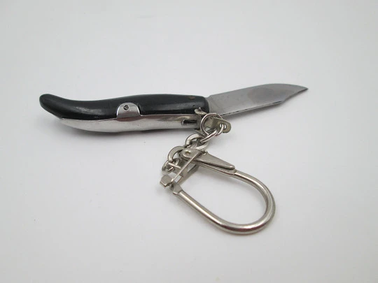 Keychain miniature pocket knife. Steel and black resin. Curve handle. 1980's. Spain