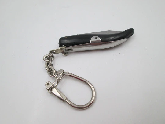 Keychain miniature pocket knife. Steel and black resin. Curve handle. 1980's. Spain