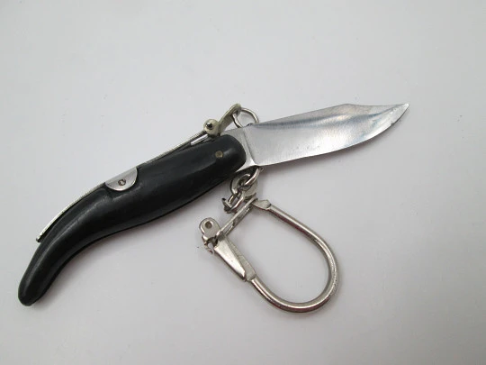 Keychain miniature pocket knife. Steel and black resin. Curve handle. 1980's. Spain