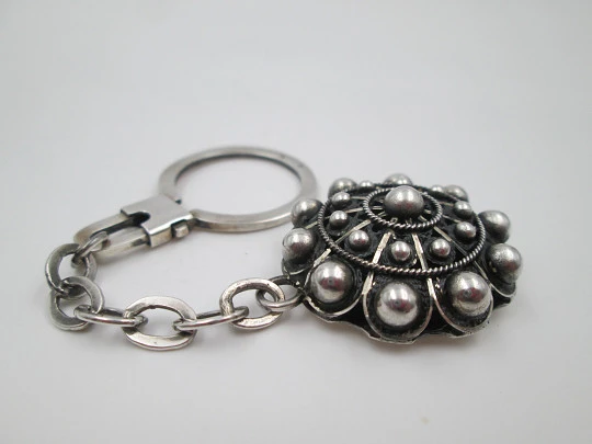 Keychain. Charro button motif. 925 sterling silver. Chain and ring clasp. 1990's. Spain