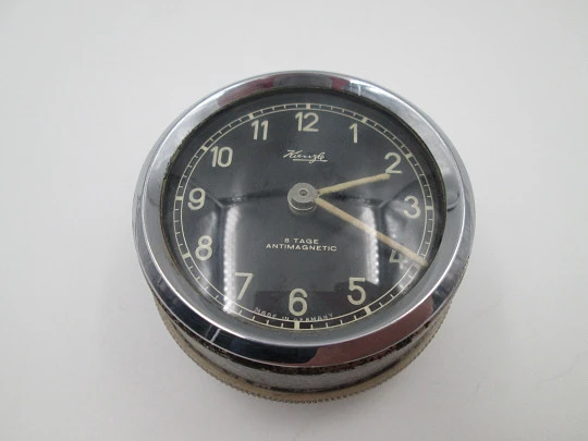 Kienzle car dash-clock. Silver plated metal. Black dial. 8 days wind-up. Germany. 1940's