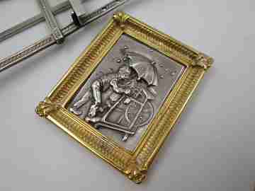 Knife sharpening man miniature picture frame with table tripod. 1990's