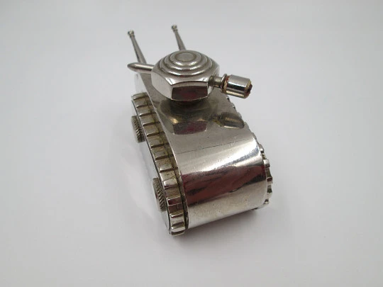 Ladie's art deco perfume atomizer bottle. Tank shape. Chrome plated metal. Europe. 1940's