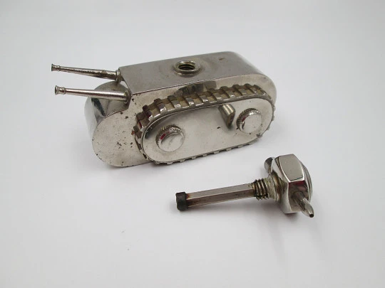 Ladie's art deco perfume atomizer bottle. Tank shape. Chrome plated metal. Europe. 1940's