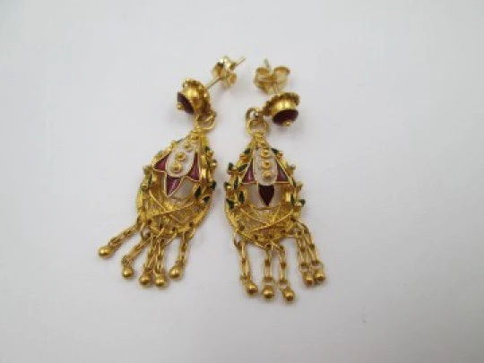 Ladie's filigree earrings. 18k yellow gold & colour enamels. Push back clasp. 1950's