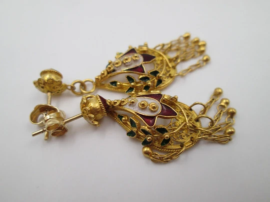 Ladie's filigree earrings. 18k yellow gold & colour enamels. Push back clasp. 1950's