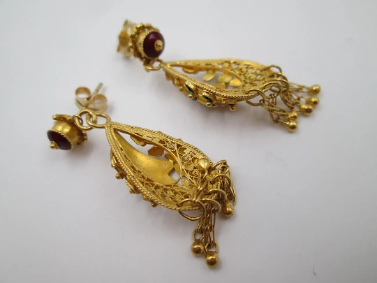 Ladie's filigree earrings. 18k yellow gold & colour enamels. Push back clasp. 1950's