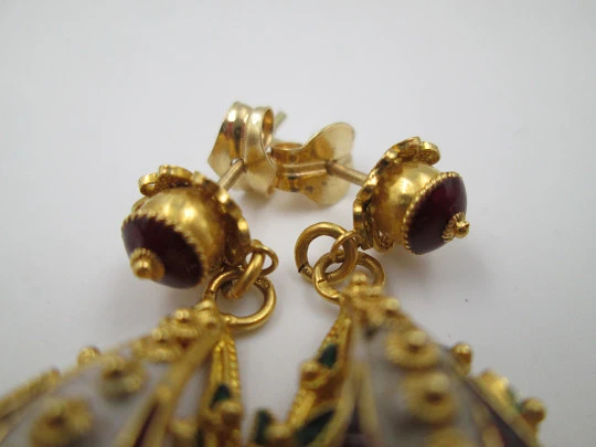 Ladie's filigree earrings. 18k yellow gold & colour enamels. Push back clasp. 1950's