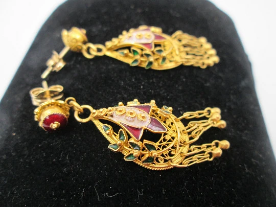 Ladie's filigree earrings. 18k yellow gold & colour enamels. Push back clasp. 1950's