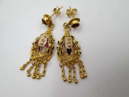 Ladie's filigree earrings. 18k yellow gold & colour enamels. Push back clasp. 1950's