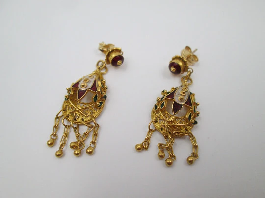 Ladie's filigree earrings. 18k yellow gold & colour enamels. Push back clasp. 1950's
