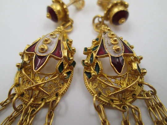 Ladie's filigree earrings. 18k yellow gold & colour enamels. Push back clasp. 1950's