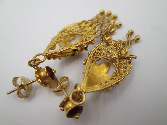 Ladie's filigree earrings. 18k yellow gold & colour enamels. Push back clasp. 1950's