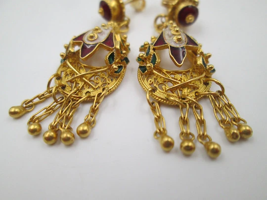 Ladie's filigree earrings. 18k yellow gold & colour enamels. Push back clasp. 1950's