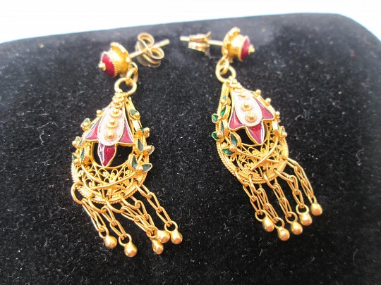 Ladie's filigree earrings. 18k yellow gold & colour enamels. Push back clasp. 1950's