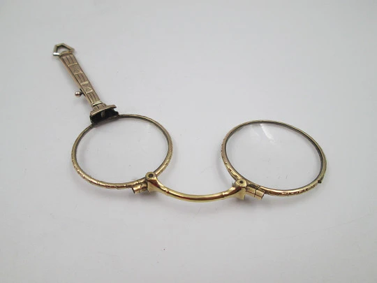 Ladie's folding gold plated opera glasses / lorgnette. Geometric ornaments. Europe
