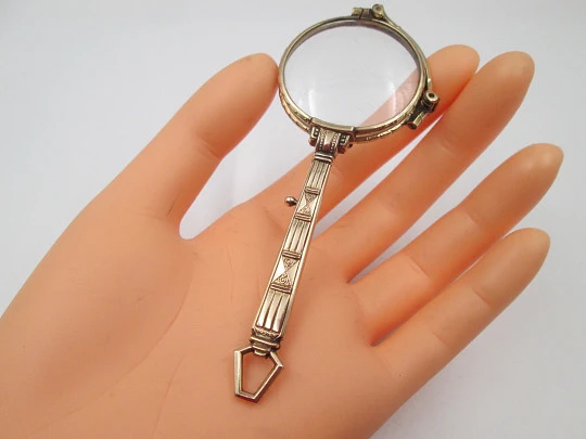 Ladie's folding gold plated opera glasses / lorgnette. Geometric ornaments. Europe