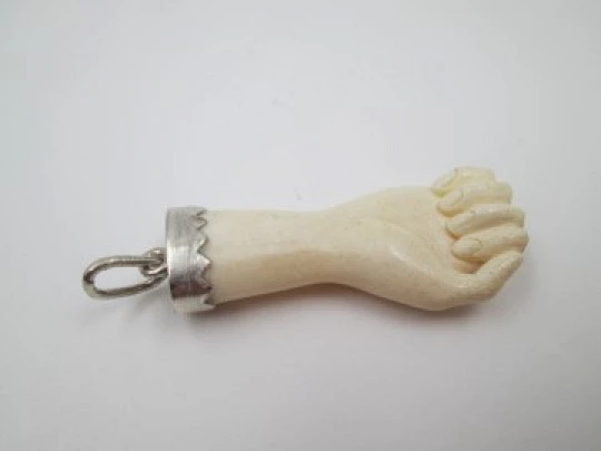 Ladies hand pendant. Figa. Bone and sterling silver. Spanish amulet