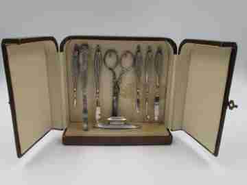 Ladies manicure set. Wood desk box. France. Sterling silver. 1930's