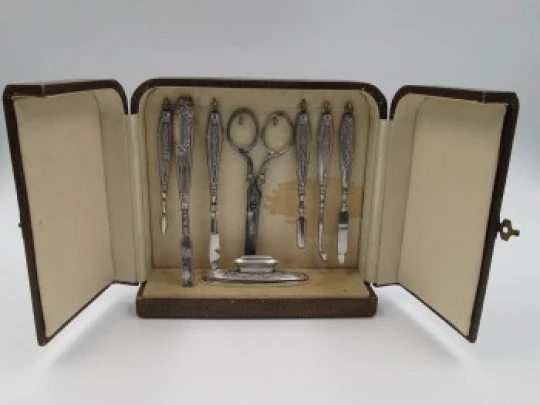 Ladies manicure set. Wood desk box. France. Sterling silver. 1930's