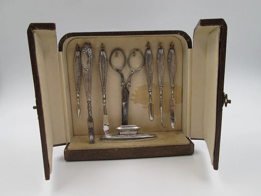 Ladies manicure set. Wood desk box. France. Sterling silver. 1930's