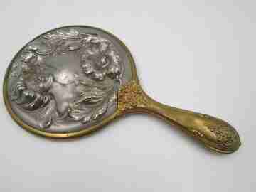 Ladie's modernist beveled hand mirror. Brass and tin. Woman engraving. 1940's