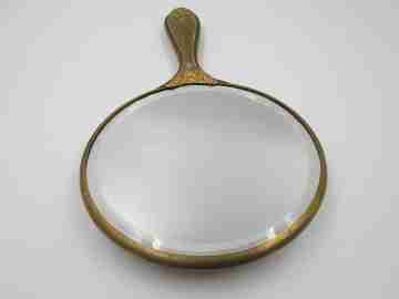 Ladie's modernist beveled hand mirror. Brass and tin. Woman engraving. 1940's