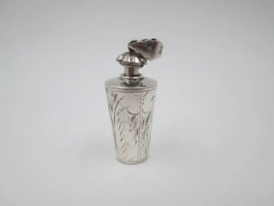 Ladie's perfume scent bottle pendant. Sterling silver. Vegetable motifs. 1990's