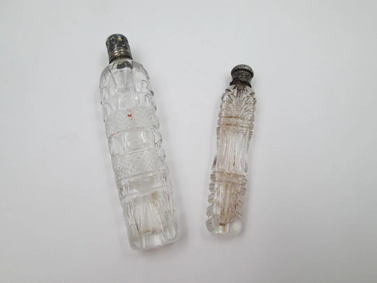 Ladie's perfume / scent bottles. Cut glass. Sterling silver caps. 1900's
