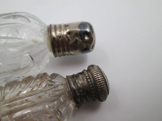 Ladie's perfume / scent bottles. Cut glass. Sterling silver caps. 1900's