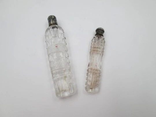 Ladie's perfume / scent bottles. Cut glass. Sterling silver caps. 1900's