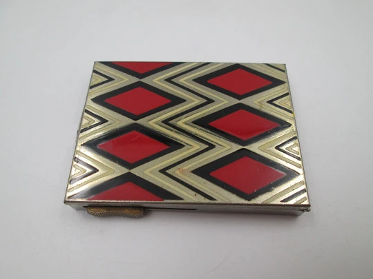 Ladie's Pierrette art deco powder compact. Silver plated metal & colours enamel. 1920's