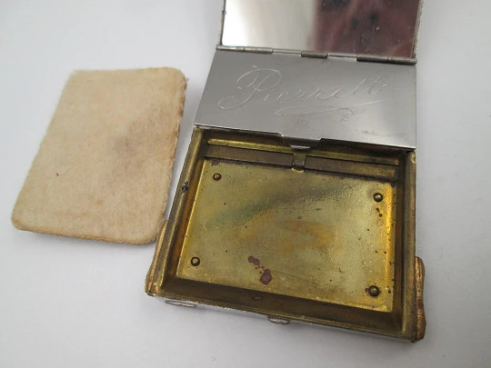 Ladie's Pierrette art deco powder compact. Silver plated metal & colours enamel. 1920's
