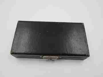 Ladies travel set. Buttons hook, awl, pencil & refills box. Ribbed bone and metal. 1930's