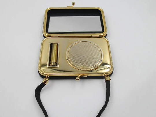 Ladie's vanity bag with top handle. Black silk and gold plated metal. Balls clasp. 1960's