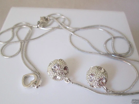 Lady necklace. Sterling silver. Balls with rhinestones. Heart charm. Chains