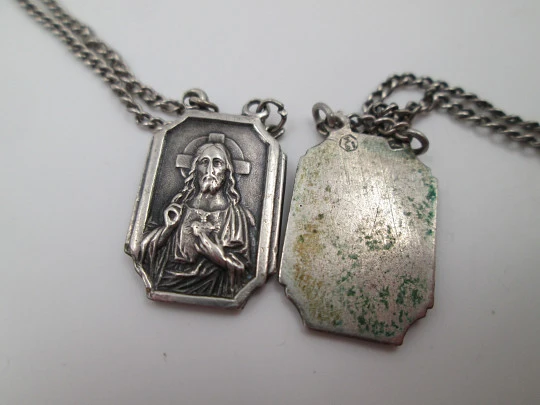 Lady of Mount Carmel & Sacred heart of Jesus scapular with chain. Sterling silver. 1950's