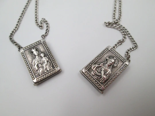 Lady of Mount Carmel & Sacred heart of Jesus scapular. Sterling silver. 1940's