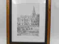 Lámina dibujo plumilla Pedro Saiz. Arco de Santa María (Burgos). 1990. Marco madera