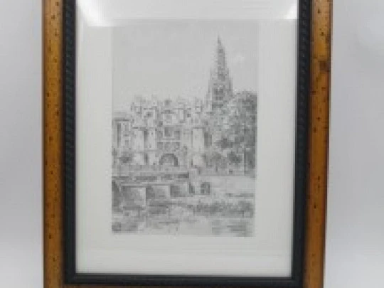 Lámina dibujo plumilla Pedro Saiz. Arco de Santa María (Burgos). 1990. Marco madera